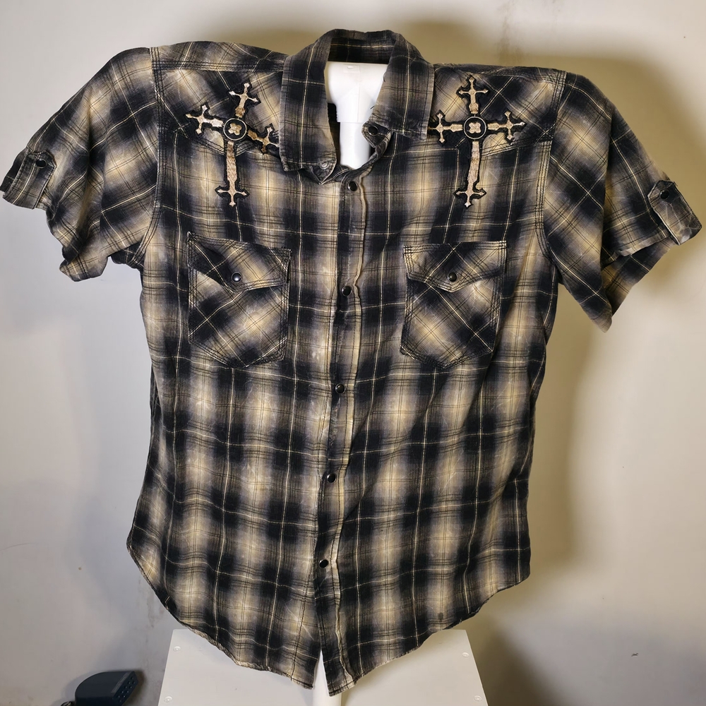 POP ICON CLOTHING Black and Cream Plaid Shirt with Cross Embroidery